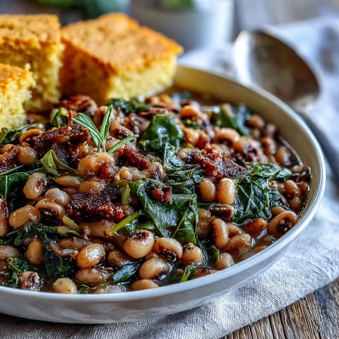 Tender peas and silky greens simmered with aromatic spices in a rustic Southern style.