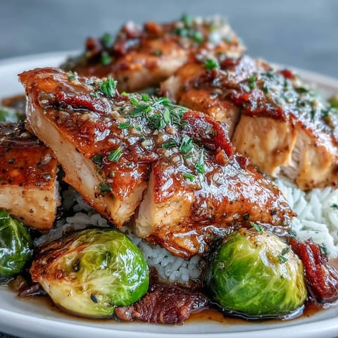 Golden roasted vegetables and succulent maple Dijon chicken are assembled in a meal prep bowl, garnished with chopped pecans and dried cranberries.