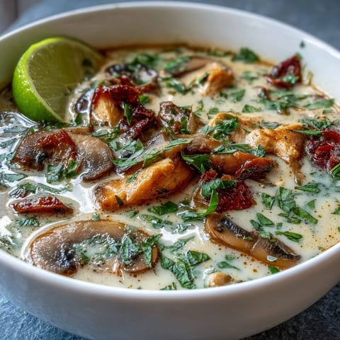Steaming Tom Kha Soup in a white bowl, showcasing aromatic galangal, lemongrass, and coconut milk broth.  