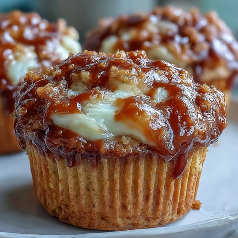 Freshly baked Caramel Cream Cheese Swirl Muffins with moist banana bread and a gooey caramel drizzle, served warm on a wooden board.