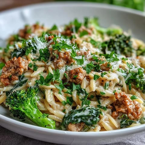Creamy Garlic Turkey & Broccoli Orzo served in a white bowl, topped with fresh parsley and extra parmesan cheese.