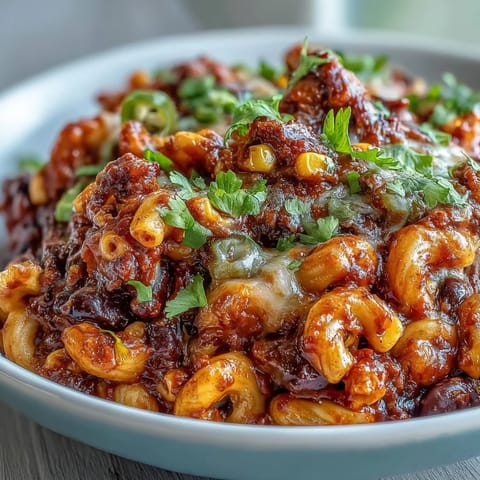 Steaming One-Pot Tex-Mex Chili Mac with Corn is served in a rustic bowl, topped with melted cheddar and fresh cilantro.