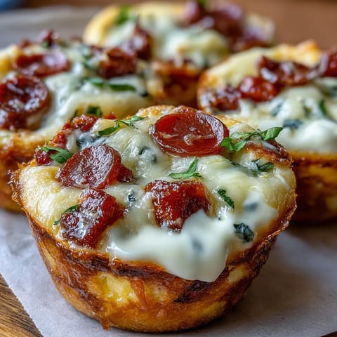 Twelve High-Protein Pepperoni Breakfast Cups on a rustic wooden board, garnished with fresh basil and a side of pizza sauce.