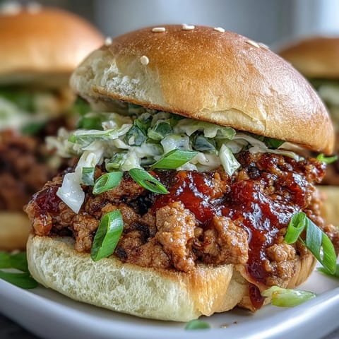 A close-up of Korean Turkey Sloppy Joe Sliders, featuring juicy ground turkey filling and vibrant shredded cabbage slaw.