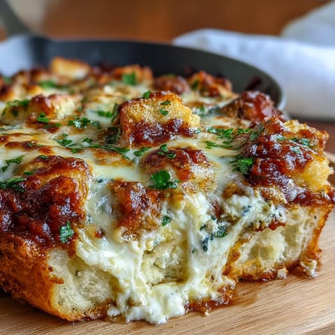 Fresh parsley garnishes a hearty slice of Cheesy Garlic Bread Lasagna Skillet on a rustic wooden plate.