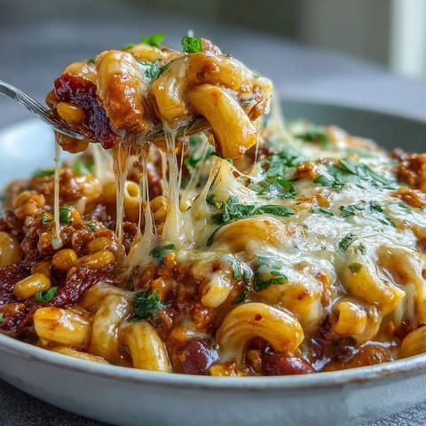 Hearty One-Pot Tex-Mex Chili Mac with Corn in a Dutch oven, featuring tender pasta, black beans, and sweet corn kernels.