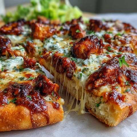 Golden, cheesy Garlic Naan Chicken Caesar Pizzas served warm with a drizzle of Caesar dressing.