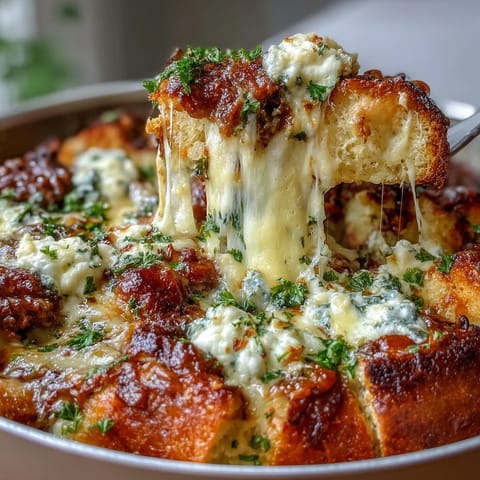 A close-up of Cheesy Garlic Bread Lasagna Skillet shows rich red sauce nestled between buttery bread cubes and a golden cheese crust.