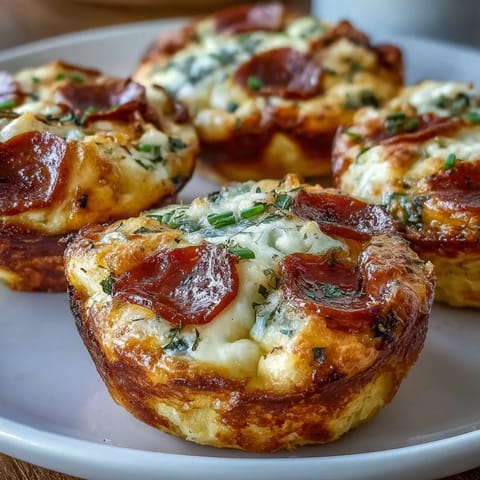A close-up of High-Protein Pepperoni Breakfast Cups with golden tops and melted mozzarella in a muffin tin.
