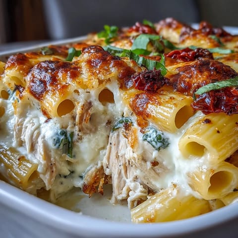 A close-up slice of Greek Yogurt Chicken Alfredo Bake reveals creamy sauce, shredded rotisserie chicken, and sun-dried tomatoes.