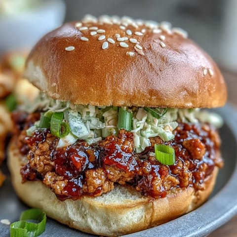 Bright orange carrots and green cabbage slaw top these Korean Turkey Sloppy Joe Sliders for a festive party bite.