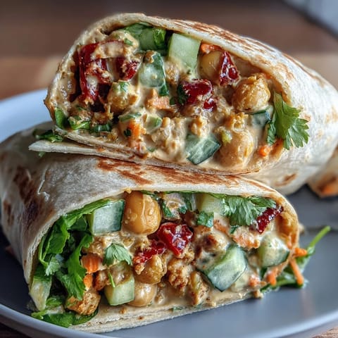 Colorful vegan coconut curry chickpea salad wraps filled with creamy spiced chickpeas, fresh veggies, and herbs, served in soft tortillas for a vibrant lunch.