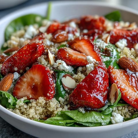 A colorful bowl of strawberry spinach quinoa salad with fresh berries, leafy greens, and a drizzle of balsamic dressing, perfect for a healthy summer meal.