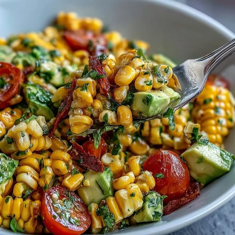 Fresh summer salad with sweet corn, juicy tomatoes, creamy avocado, and zesty lime vinaigrette, perfect for warm days.