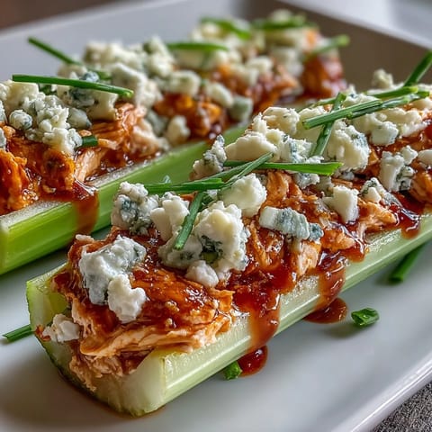 Crispy celery boats filled with spicy buffalo chicken and tangy blue cheese crumbles make a perfect keto appetizer.