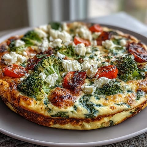 A fluffy egg white frittata loaded with vibrant vegetables like spinach, bell pepper, and zucchini for a healthy brunch.