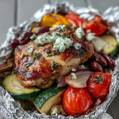 Tender chicken breast and colorful veggies infused with zesty lemon and aromatic oregano, grilled in foil packets.  