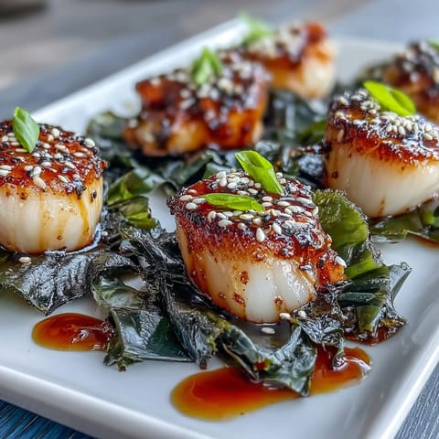 Pan-seared sea scallops wrapped in crispy nori seaweed, drizzled with tangy ponzu sauce and garnished with sesame seeds.