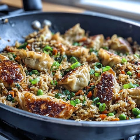 A sizzling skillet of Trader Joe's dumpling fried rice, with crispy dumplings and vibrant veggies tossed in savory soy sauce.