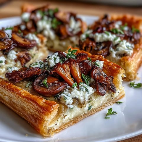 Wild mushroom tart with flaky puff pastry, sautéed wild mushrooms, and creamy goat cheese, perfect for an elegant appetizer.  