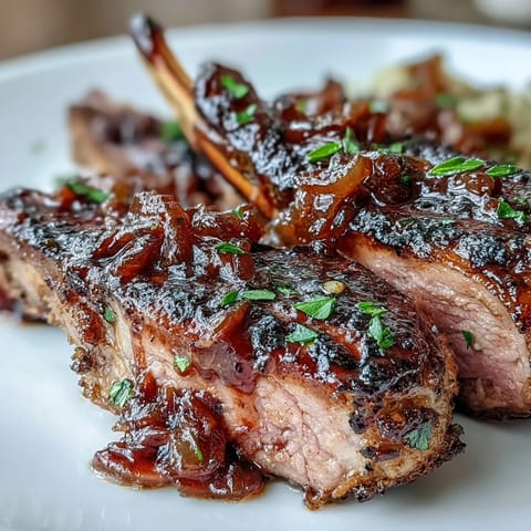 Savory lamb chops seared to perfection and glazed with sweet onion jam and tangy Dijon mustard, served with caramelized onions.  