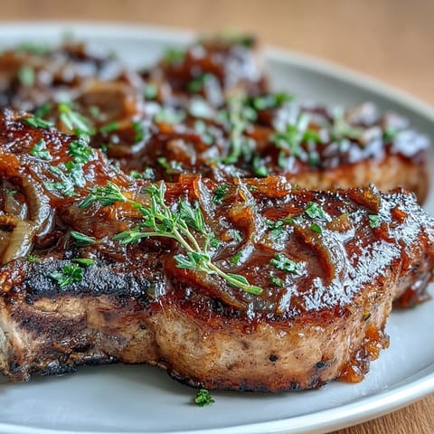 Golden-brown lamb chops topped with rich, glossy onion jam glaze, offering a perfect balance of savory and sweet flavors.  