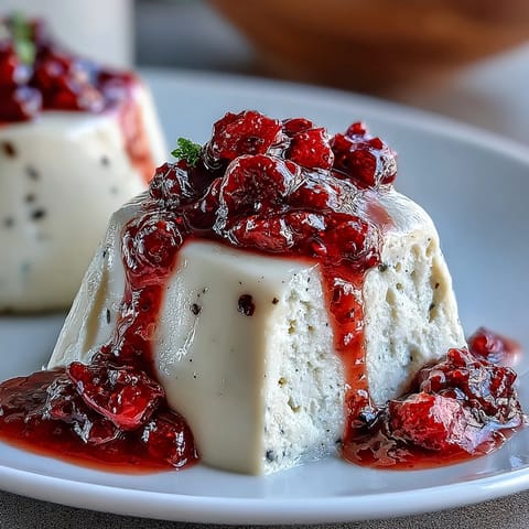 Silky cardamom panna cotta with berry compote, a creamy Italian dessert infused with aromatic spice.  