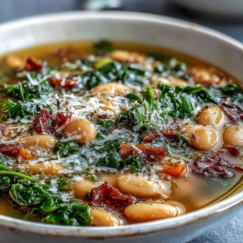 A steaming bowl of Tuscan white bean soup with kale and Parmesan, rich and hearty for cold winter evenings.