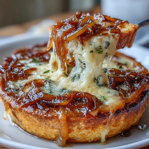 Rich French onion soup with slow-caramelized onions, savory broth, and cheesy sourdough Gruyere crostini for a comforting meal.  