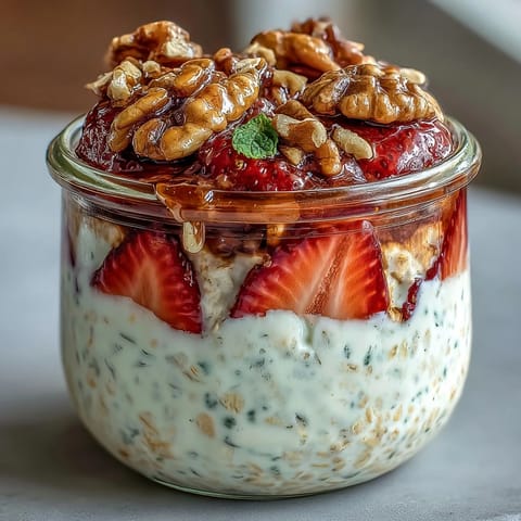 Creamy overnight oats with strawberries and candied walnuts, a wholesome make-ahead breakfast.  
