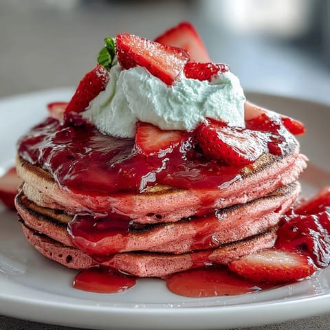 Stack of naturally pink pancakes topped with luscious strawberry compote, perfect for a romantic or Galentine's Day breakfast celebration.  