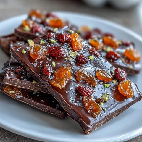Decadent dark chocolate bark with vibrant candied orange peel, sprinkled with pistachios and freeze-dried raspberries for a festive Valentine's Day treat.