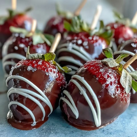 A stunning bouquet of fresh strawberries dipped in rich dark chocolate, arranged on skewers and wrapped in festive tissue paper.  
