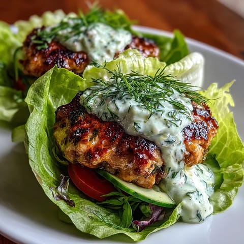 Lightened-Up Turkey Burger Lettuce Wraps with Avocado Ranch served on crisp butter lettuce with creamy avocado ranch dressing and fresh vegetables. Juicy, flavorful turkey burgers nestled in lettuce cups and topped with homemade avocado ranch for a healthy, low-carb twist on classic burgers. Turkey burger lettuce wraps featuring seasoned ground turkey, crunchy lettuce, and a rich avocado ranch dressing for a fresh and satisfying meal.