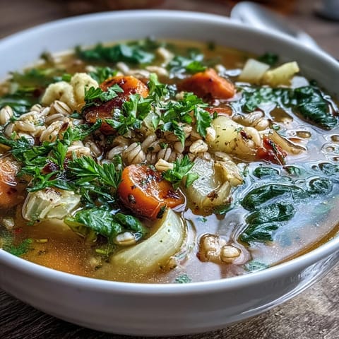 A rustic ladle scoops hearty vegetable soup with tender barley, carrots, parsnips, and cabbage simmering in rich broth.  