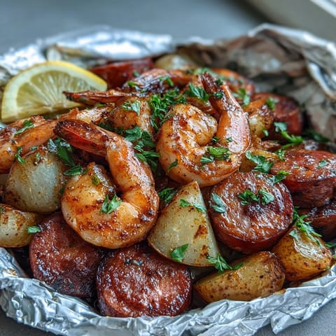 Golden-brown shrimp and smoky sausage mingle with tender potatoes and sweet corn in a Cajun-spiced foil packet.  