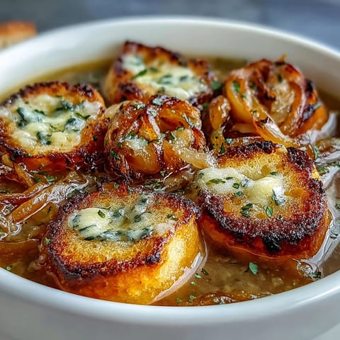 Creamy roasted garlic and onion soup topped with golden herb croutons in a rustic bowl, evoking a warm, comforting aroma.
