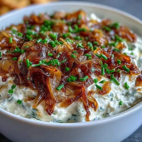Creamy caramelized onion dip with Greek yogurt base, garnished with fresh chives and served with crisp potato chips.  