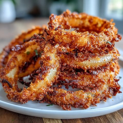 Golden-brown onion rings coated in panko breadcrumbs and paired with a creamy, smoky paprika dipping sauce for a lighter twist on a classic appetizer.  