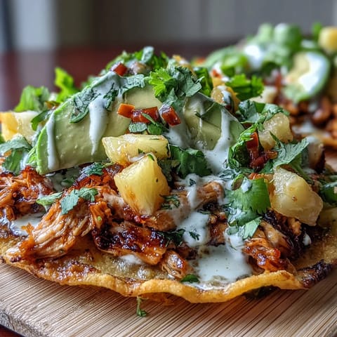 Golden corn tostadas layered with seasoned chicken, zesty pineapple salsa, and creamy lime crema for a refreshing dinner.