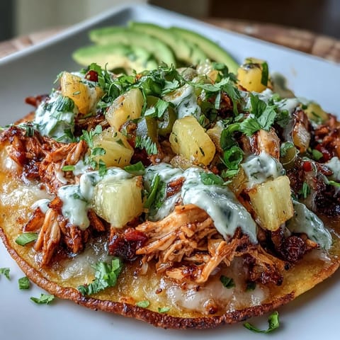 Crispy tostadas topped with juicy shredded chicken, fresh pineapple salsa, and tangy lime crema for a vibrant meal.
