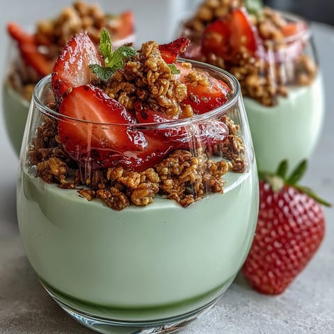 Vibrant strawberry matcha yogurt parfait layered with fresh berries and crunchy granola in clear glasses, perfect for a healthy breakfast or snack.
