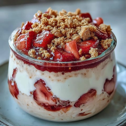 Strawberry cheesecake overnight oats with graham crumble, creamy oats swirled with fresh strawberries and topped with crunchy buttery graham topping for a decadent breakfast.