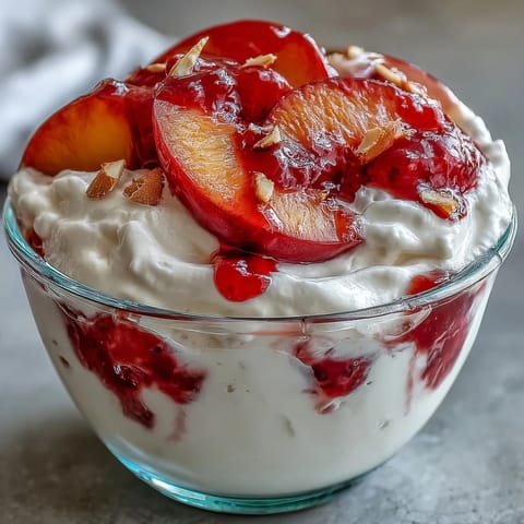 Fluffy Yogurt Peach Melba Cups with Toasted Almonds, layered with juicy peaches, tangy raspberry sauce, and crunchy toasted almonds for a refreshing summer dessert.