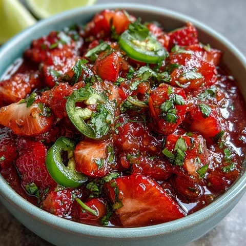 Fresh strawberry salsa with lime and jalapeño in a white bowl, garnished with cilantro and lime wedges.