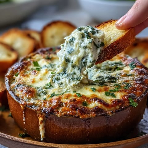 Creamy spinach artichoke dip baked in a crusty sourdough bread bowl for St. Patrick's Day.