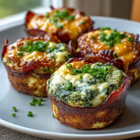 Fluffy green eggs baked in ham cups, topped with melted cheese and fresh chives.  
