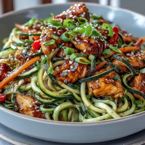 Healthy Easy Zucchini Noodle Stir Fry with Chicken served in a colorful skillet, with tender chicken and crisp zucchini noodles tossed in a savory Asian-inspired sauce.