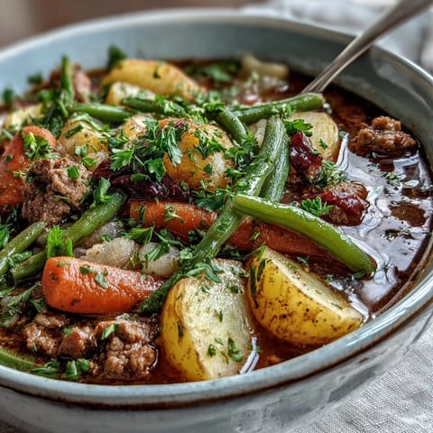 Hearty Shepherds Pie Soup with ground beef and vegetables in a savory broth, perfect for a cozy dinner.