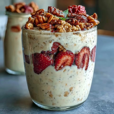 Strawberry overnight oats with chia seeds and granola, a creamy and colorful breakfast layered with fresh berries and crunchy topping.